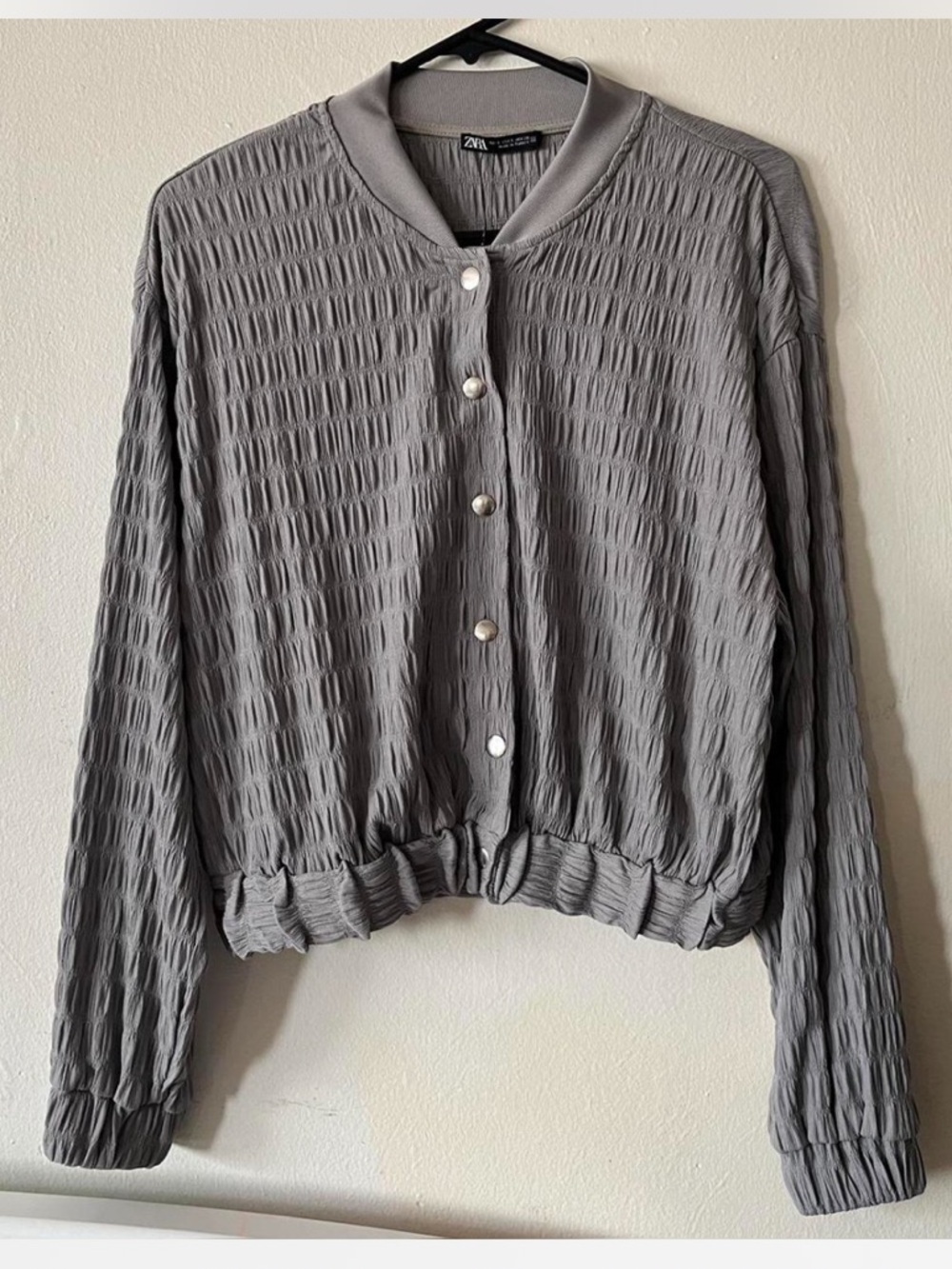 Zara Light Gray Textured Bomber Jacket